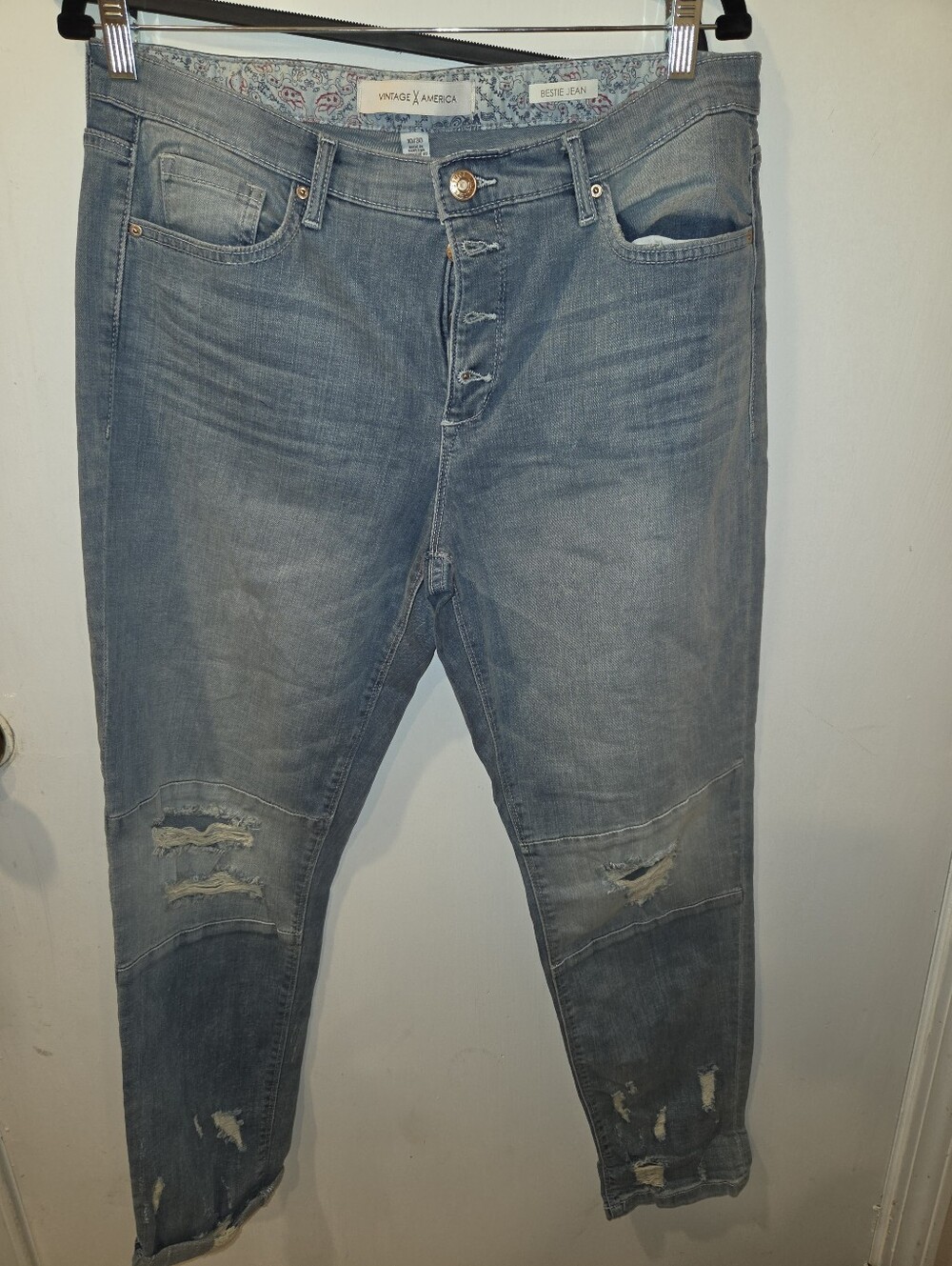 Vintage America Faded Light Blue Distressed Slim Straight Jeans Size 10